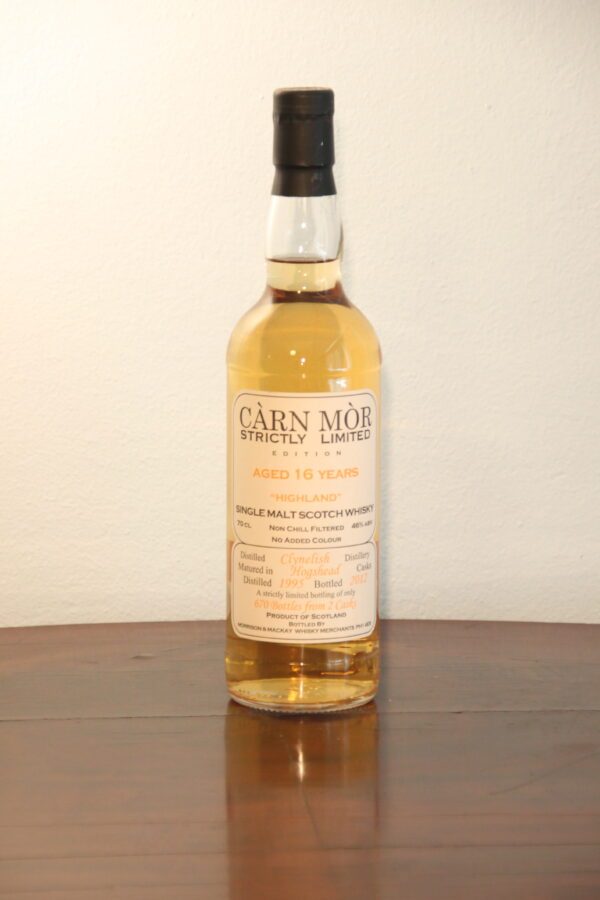 Carn Mor 16 Years Old Strictly Limited Edition Clynelish 1995 / 2012, 70 cl, 46 % Vol. (Whisky), Schottland, Highlands, Crn Mr Stricly Limited Edition  Distillery: Clynelish Distillery Distilled: 1995 Bottled: 2012 Aging: 16 years in Hogshead casks Colouring: no colouring  Chill filtered: without chill filtration  Number of bottles: 670 worldwide
