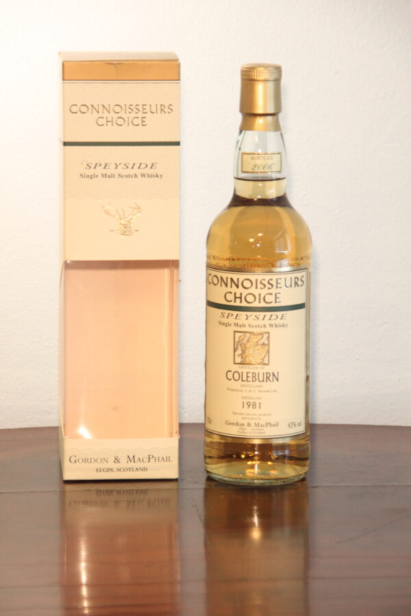 Gordon & Macphail, Coleburn 25 Years Old 'Connoisseurs Choice' 1981/2006, 70 cl, 43 % Vol. (Whisky), Schottland, Diageo still owns the Coleburn brand, but the Coleburn Distillery was shut down and dismantled in 1985.  Coleburn bottlings like this one from 2006 are becoming increasingly rare.  <BR>