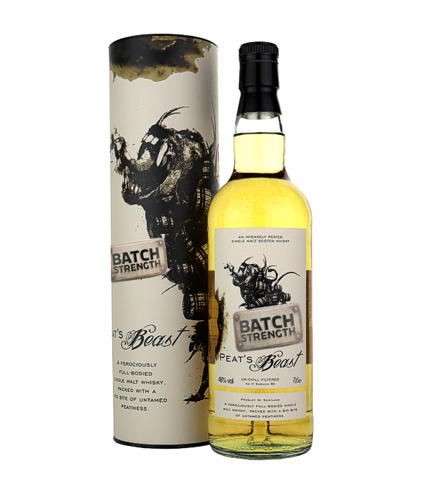 Peat's Beast Batch Strength, 70 cl, 52.1 % Vol. (Whisky), Schottland, Peats Beast, the name says it all! Smoke and peat hit you in the face like a fist. Even smokier and more powerful than the normal version.  This whiskey could be from Islay, but it doesn`t have to be, because peat smoke is also used in Distilleries in the Highlands, Islands and Speyside. It remains a secret.  Graphics are by Dough Alves, a Brazilian artist living in LA  Dye: Dye Free Chill Filtered: No Chill Filtered