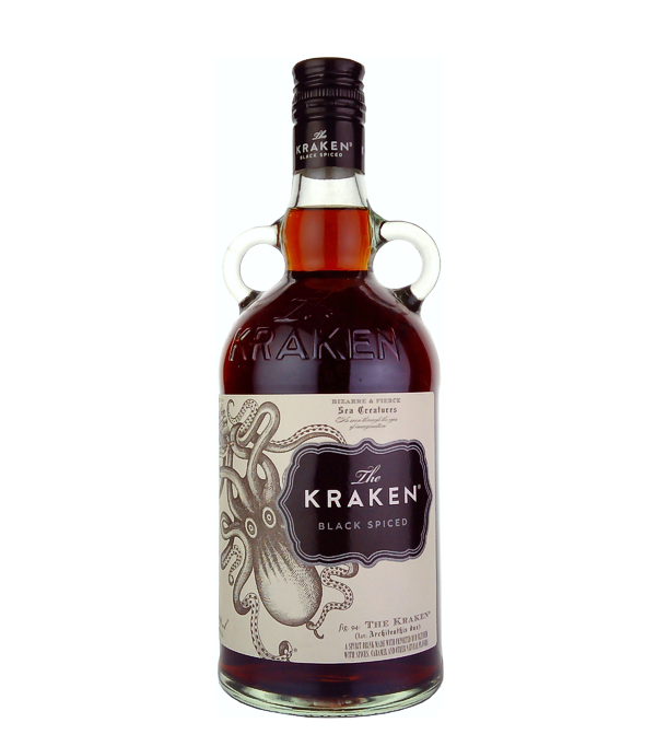 Kraken Black Spiced, 70 cl, 40 % Vol. (Rum), , The name of this spirit drink is the sea monster around which many myths and legends revolve.  The Kraken is a blend of imported Caribbean rums, which is refined with spices, caramel and natural aromas. A very special spirit drink in an interesting Victorian-era design bottle with two small handles reminiscent of the tentacles of an octopus.    Color: Coffee brown to black (inky).  Nose: Spicy, slightly sweet, sugar cane.  Flavour: Intense and aromatic, molasses, Spices, caramel.  Finish: Long l
