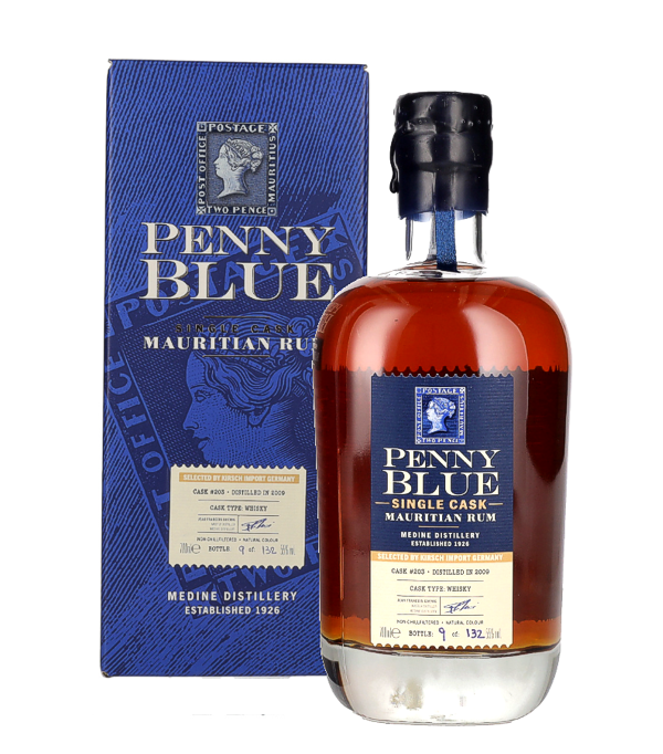 Penny Blue Single Cask Mauritian Rum 2009, 70 cl, 55 % Vol., , The Penny Blue 2009 Single Sherry Cask No. 203 Mauritian Rum is a strictly limited single estate rum that comes from the Medine Distillery based on the island of Mauritius in the Indian Ocean. As is usual with Penny Blue rums, this rum was also made exclusively from sugar cane from the company`s own plantation. It was distilled in 2009 from high-quality molasses after careful fermentation in the column still process and then stored for around 12 to 13 years in a former whiskey barrel with the nu