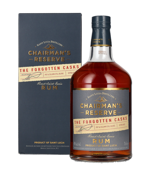 Chairman's Reserve THE FORGOTTEN CASKS Finest St. Lucia Rum, 70 cl, 40 % Vol., , The Chairman's Reserve Finest St. Lucia Rum THE FORGOTTEN CASKS is made in the St. Lucia distillery. In May 2007 the distillery was partially destroyed by fire, but many rums could be saved.  Since the available storerooms were too small to accommodate all the rum casks, provisional spaces were used. Some of these rum casks were only rediscovered many years later - The Forgotten Casks.