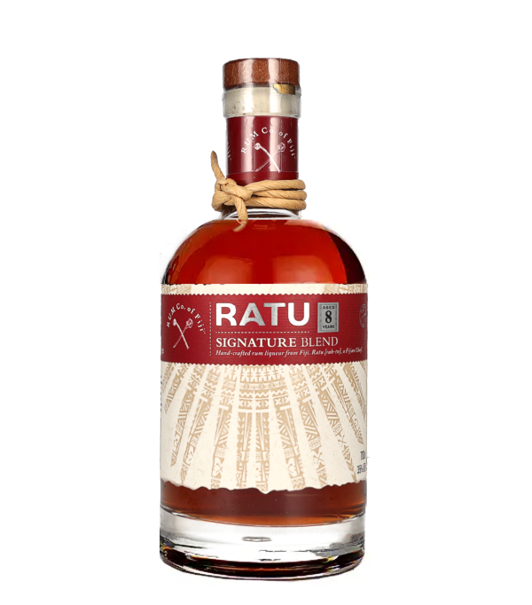 Ratu 8 Years Old Signature Blend Fiji Rum Liqueur, 70 cl, 35 % Vol., , The Ratu 8 Signature Blend Fiji Rum Liqueur is made from 100% fermented molasses and double distilled in the pot still process. It is filtered over charcoal from coconut shells and stored and matured in burned-out bourbon casks. The product is characterized by an unmistakable taste profile, which is achieved through the high Angel Share of 7% on the Fiji Islands and the use of crystal-clear Fiji spring water. The stated age always refers to the youngest rum contained.  The name 