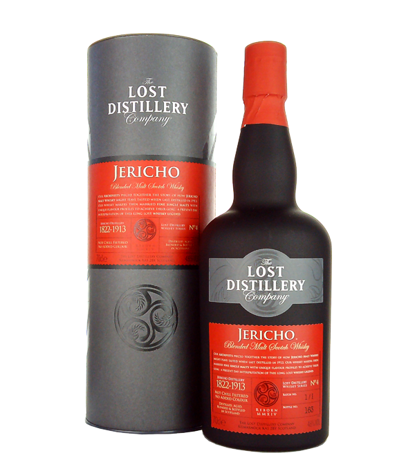 The Lost Distillery Company JERICHO Deluxe Series No.4 Blended Malt Scotch Whisky, 70 cl, 46 % Vol., Schottland, Highlands, The Lost Distillery Company is an independent distillery that uses history and research to bring old whiskeys back to life. For these whiskeys young and old casks are used to create 15-18 year old whiskeys.  The Lost Distillery Archivist Jericho is a highly aromatic blended Scotch whiskey and an exciting experiment in one. Because the manufacturer Lost Distillery has set itself the task of breathing new life into the whiskey from long-closed distilleries. To this end, a research team headed by P