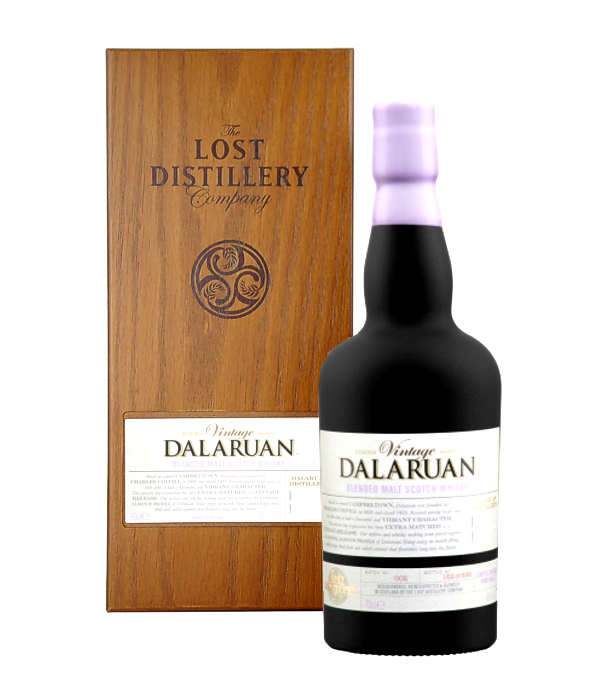 The Lost Distillery Company DALARUAN VINTAGE Blended Malt Scotch Whisky, 70 cl, 46 % Vol., Schottland, Campbeltown, Dalaruan Vintage is crafted from a blend of exceptional single malts with a dense, fruity and lightly iodized profile. Rediscovering Dalaruan is above all a journey into Scotland`s past! The once iconic Dalaruan Distillery was founded in 1825 by Charles Colvill in the Campbeltown area. The distillery was auctioned before finally closing in 1925.  Style: rich, complex, lightly iodized.  The Lost Distillery Company strives to preserve the styles of Scottish single malts reproduce, which disappeare