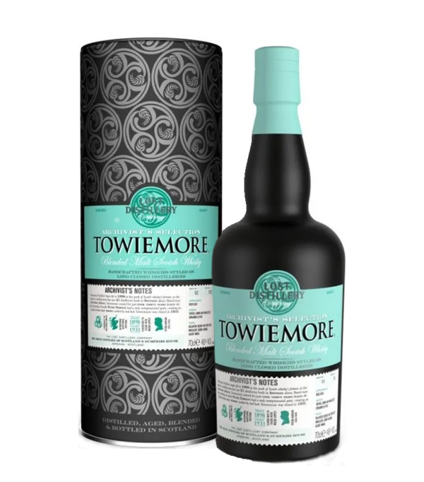 The Lost Distillery Company TOWIEMORE Archivist's Selection Blended Malt Scotch Whisky, 70 cl, 46 % Vol., Schottland, Speyside, Creamy and stimulating, the Towiemore was released as part of the Archivist collection. Bottled at a high alcohol content, this Speyside blended malt is very bountiful and reflects notes of peach, vanilla and almonds.  The Lost Distillery Company is an independent boutique Scotch whiskey company with a mission to to create modern expressions of whiskeys that were part of the craft of whiskey distilling almost a century ago. Nearly 100 Scottish malt whiskey distilleries have been closed or destro