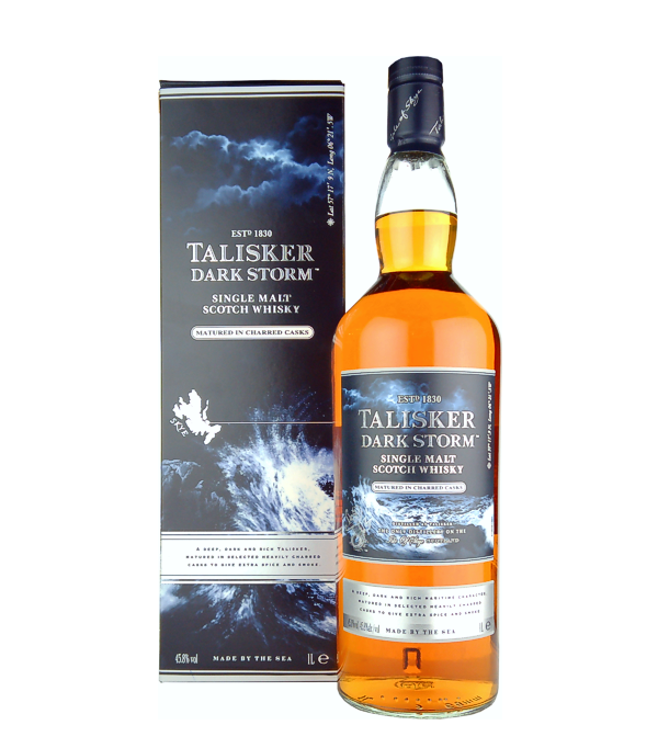 Talisker Dark Storm, 1 Liter, 45.8 % Vol. (Whisky), Schottland, Isle of Skye, Der Talisker Dark Storm reifte in stark ausgebrannten Eichenfässern auf der abgelegenen Isle of Skye. Er ist der rauchigste Talisker der bisher von der Destillerie produziert wurde. Er ist der Nachfolger des Talisker Storm und wird ohne Alternangabe geliefert.      Farbe: Bernstein mit roten Akzenten.  Nase: Salzig, rauchig, Gewürze, Eiche, Äpfel.  Geschmack: Intensiv, rauchig, pfeffrig, komplex, süss, abgerundet, herzhaft, Früchte, schwarze Johannisbeeren, Lakritze, Gewürze.  Abgang: Lang anhal