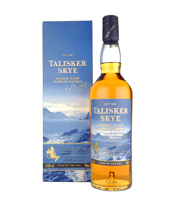Talisker Skye, 70 cl, 45.8 % Vol. (Whisky), Schottland, Isle of Skye, Talisker ist die einzige Destillerie, welche sich auf der Isle of Skye befindet. Geografisch liegt die Talisker Destillerie somit auf demselben Breitengrad wie Alaska.  Der Talisker Skye reift zum Teil in frisch ausgekohlten Eichen- und Sherryfässern.      Farbe: Helles Bernstein. Nase: Erdig, Orangen, Mangos, Noten von Meersalz und Rauch, Hauch von Pfeffer. Geschmack: Weich, süss, würzig, Karamell, Honig, Noten von Rauch und Gewürzen. Abgang: Lang anhaltend.