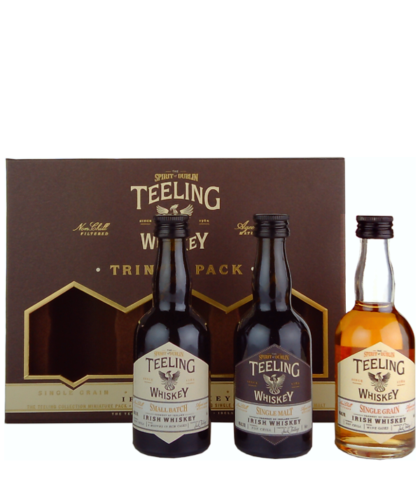 Teeling Whiskey TRINITY PACK Irish Whisky Sampler 3x5 cl, 15 cl, 46 % Vol., , Das Teeling Whiskey Trinity Pack enthält:  - 1 x 50 cl Flasche Teeling Single Grain Wine Cask Finish 46%  - 1 x 50 cl Flasche Teeling Single Malt 46%  - 1 x 50 cl Flasche Teeling Small Batch Rum Cask Finish 46%     Teeling Single Grain Wine Cask Finish: Farbe: Helles Gold. Nase: Süss, fruchtig, Gewürze, Hauch von Vanille. Geschmack: Würzig, rote Beeren, Weintrauben. Abgang: Lang anhaltend.  Teeling Irish Whisky Single Malt: Farbe: Helles Gold. Nase: Fruchtig, Melonen, Feigen, Noten von Toffee un