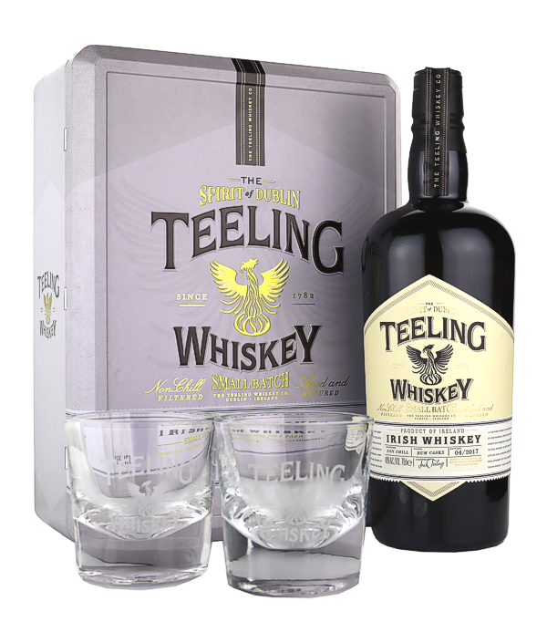Teeling Whiskey SMALL BATCH Irish Whiskey Rum Cask Finish 2017 white can, 70 cl, 46 % Vol. (Whisky), , Gift set with 2 glasses  Teeling Irish Whiskey Rum Finish impresses with its very high malt content.  The grain and malt whiskeys are separated in ex-bourbon casks in a ratio aged 3:1 from grain to malt. The whiskeys are blended in small quantities and then given a finish in American rum casks. Bottled: 04.2017