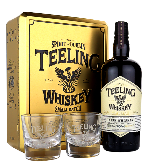 Teeling Whiskey SMALL BATCH Irish Whiskey Rum Cask Finish golden box, 70 cl, 46 % Vol. (Whisky), , Gift set with 2 glasses. ATTENTION: The golden box has slight dents, the price has already been adjusted. We will be happy to send photos of the golden box upon request. With an order the condition is accepted, no reason for an exchange!  Teeling Irish Whiskey Rum Finish impresses with its very high malt content.  The grain and malt whiskeys are aged separately in ex-bourbon casks at a 3:1 grain to malt ratio. The whiskeys are blended in small quantities and then given a finish in American rum b