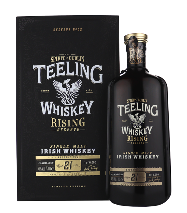 Teeling Whiskey 21 Years Old «Rising Reserve - N°1» Carcavelos Cask 2001/2022, 70 cl, 46 % Vol. (Whisky), , Die Rising Reserve-Serie besteht aus einer Reihe von 5 verschiedenen Veröffentlichungen mit handverlesenen Fässern des ältesten und interessantesten Single Malts aus dem Lager von Teeling-Whisky. Die erste veröffentlichung der Serie Rising Reserve, die No.1, ist ein 21 Jahre alter irischer Single Malt, der zunächst in Ex-Bourbon-Fässern reifte und dann eine zweite Reifungsphase in hochwertigen Carcavelos-Fässern durchlief. Carcavelos ist ein weisser Portwein aus der gleichnamigen portugiesische 