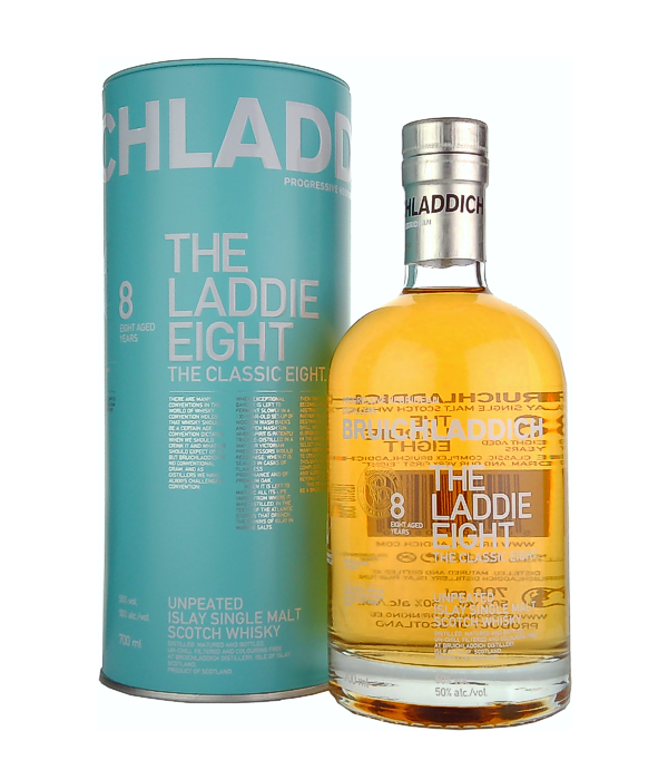 Bruichladdich THE LADDIE EIGHT 8 Years Old Unpeated Islay Single Malt, 70 cl, 50 % Vol. (Whisky), Schottland, Isle of Islay, This 8-year-old Bruichladdich matured in American white oak barrels and is neither chill-filtered nor colored.    Color: Pale gold.  Nose: Fresh fruit, apples, pears, apricots, pineapple, notes of vanilla, oak, malted barley, hints of straw. Flavour: Spicy, sweet, pepper, mangoes, peaches, notes of vanilla, lemon, honey, toffee, raspberries, hints of citrus and orange marmalade, malt sugar.   Finish: Long lasting , blossom honey, citrus fruits.