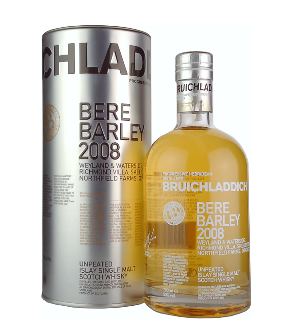 Bruichladdich Bere Barley 2008 Single Malt Scotch Whisky, 70 cl, 50 % Vol., Schottland, Isle of Islay, The barley used for this single malt has been grown directly on Islay at Kynagarry Farm Dunlossit, the Bruichladdich Bere Barley has been distilled using the Bere quality, which is one of the oldest grains in the world and was used in Scotland as early as 6000 years ago.<BR> The nose is sweet and malty with dried fruit, barley sugar, honey, heather and a subtle hint of sea salt.