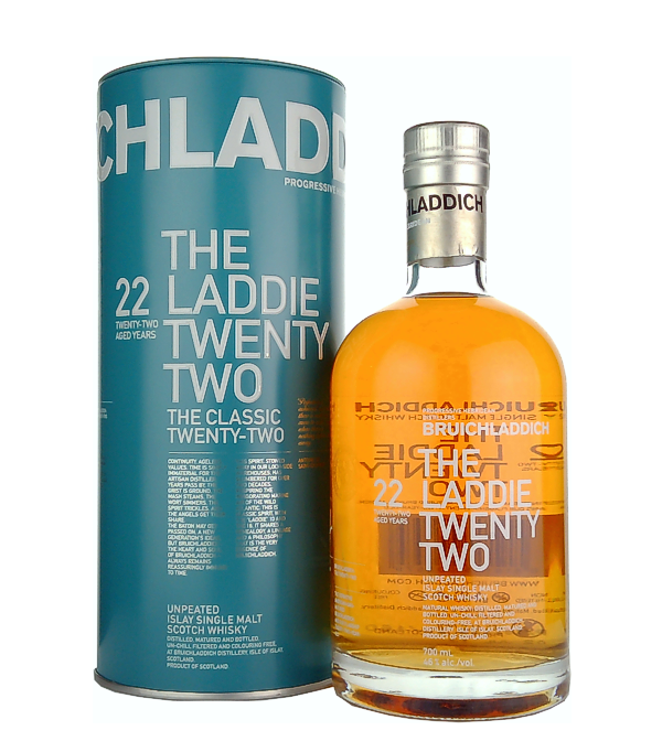 Bruichladdich THE LADDIE TWENTY TWO 22 Years Old Unpeated Islay Single Malt, 70 cl, 50 % Vol. (Whisky), Schottland, Isle of Islay, Dieser 22-jährige Bruichladdich reifte in amerikanischen Weisseichenfässern und ist ungetorft.      