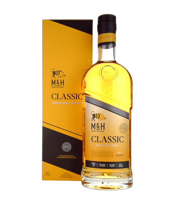 M&H Distillery Classic Kosher Israeli Single Malt Whisky, 70 cl, 46 % Vol., , The Milk & Honey Classic Israeli Single Malt Whiskey, made from high-quality barley based on the Scottish model, was distilled twice using traditional copper pot stills and then matured in two different types of casks over a period of three years. Carefully selected ex-bourbon casks as well as special STR (shaved, toasted and recharred) casks that were previously topped with red wine were used. The result is a pleasantly light and well-balanced Israeli whiskey that whiskey fans should definitely
