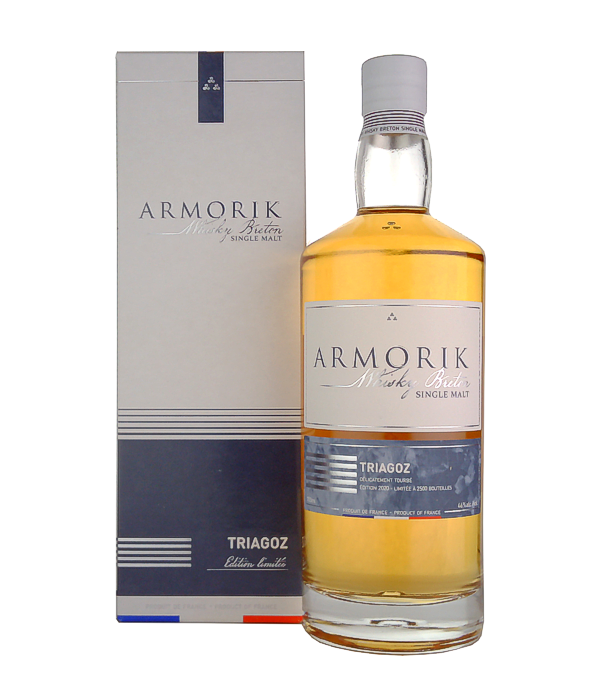 Armorik TRIAGOZ Whiskey Breton Single Malt, 70 cl, 46 % Vol. (Whisky), , The Armorik TRIAGOZ Whiskey Breton Single Malt is produced in the Warenghem distillery - the distillery is a family business and is located in the French municipality of Lannion.  This Armorik whiskey matures in re-fill bourbon casks and is not chill-filtered.   Colour: dark gold. Nose: fruity, peaches, pears, peat, cloves, vanilla. Flavour: fresh, intense smoke, spices. Finish: Long lasting, charcoal, pepper.