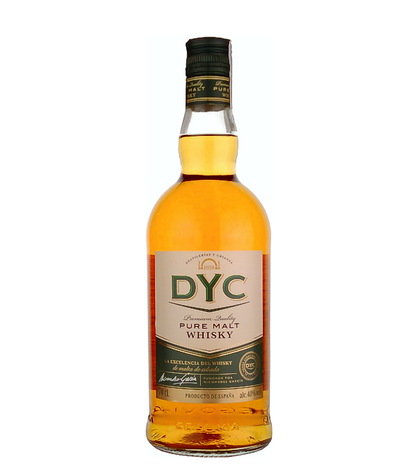 DYC Pure Malt Whisky, 70 cl, 40 % Vol., , DYC Pure Malt is a 100% Spanish whiskey made from Castilian barley and pure river water that runs very close to the factory.  DYC Pure Malt impresses at first sight with the intensity of its amber colour, aromatic notes of Eucalyptus and mint, citrus and some sweeter nuances like vanilla or cinnamon. In the mouth, this distillate surprises with its great body and an intense aroma of vanilla and marzipan.