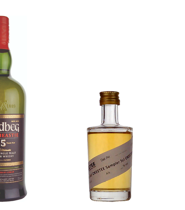 Ardbeg WEE BEASTIE 5 Years Old Islay Single Malt Scotch Whisky Sampler, 5 cl, 47.4 % Vol., Schottland, Isle of Islay, Inoffiziell wird in der Ardbeg Destillerie schon seit 1794 gebrannt  im Jahr 1815 wurde die Brennerei von John McDougall gekauft und offiziell unter dem Namen Ardbeg erffnet.  Ardbeg kommt aus dem glischen und bedeutet bersetzt so viel wie kleiner Hgel.  Die Destillerie befindet sich an der Sdkste der Whiskyregion Islay.   Der Ardbeg WEE Beastie reift nur fnf Jahre in ehemaligen Bourbon und Oloroso Sherryfssern.  Auch dieser Ardbeg wurde nach einem Fabelwesen aus den Torfmooren bena