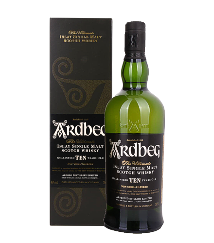 Ardbeg TEN 10 Year Old Islay Single Malt Scotch Whisky, 70 cl, 46 % Vol., Schottland, Isle of Islay, Ardbeg is considered `undoubtedly the most impressive distillery in the world`. Founded in 1815, the house was just saved from closing down in 1997. The distillery is located on the storm-swept, rugged and famous whiskey island of Islay off the west coast of Scotland.  The Ardbeg TEN is probably one of the best known Islay single malts, every lover of smoky whiskeys will love it, it has a lot of smoke, salt and iodine.