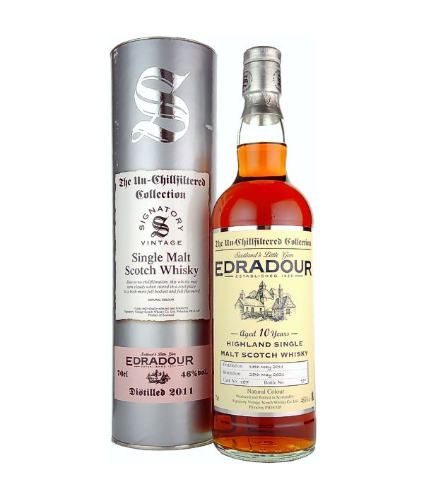 Signatory Vintage, Edradour 10 Years Old The Un-Chillfiltered Collection 2011, 70 cl, 46 % Vol. (Whisky), Schottland, Highlands, The Signatory Vintage Edradour 10 Years Old The Un-Chillfiltered Collection is aged for 10 years, is not chill filtered and bottled in its natural colouring.  Distilled: February 18, 2011 Bottled : March 12, 2021   Colour: Dark amber. Nose: Licorice, juicy raisins, chocolate cake, plum compote, cinnamon. Flavour: Sweet, berry-fruity, berries, tart Cocoa, notes of chocolate, oak, nuts. Finish: Long-lasting, notes of espresso, spices.
