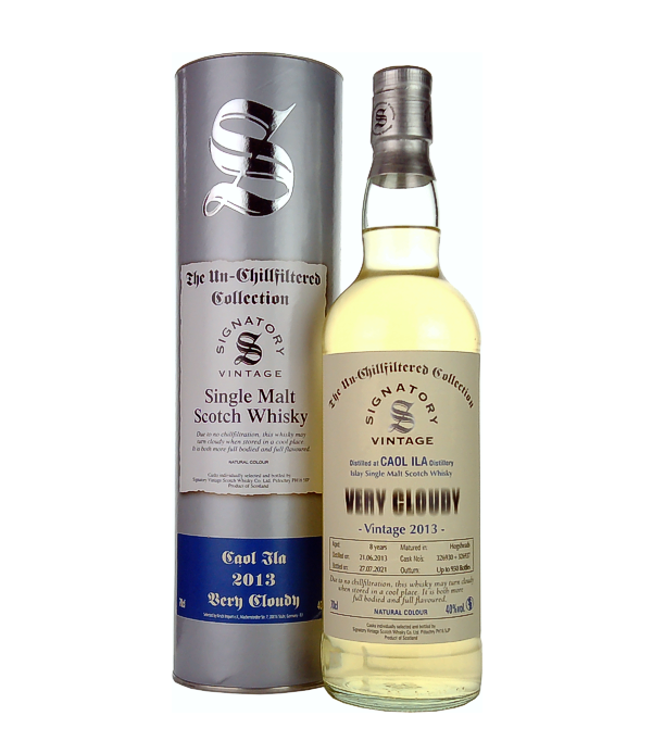 Signatory Vintage, Caol Ila VERY CLOUDY The Un-Chillfiltered Collection VINTAGE 2013, 70 cl, 40 % Vol. (Whisky), Schottland, Isle of Islay, This whiskey is aged for 6 years in a hogshead cask and bottled at its natural colouring.  Distilled: 27/06/2013 Bottled: 05/11/2020 Limited to 915 bottles.    Color: Pale gold. Nose: Sweetish aromas, light garden fruit, barley, campfire smoke. Flavour: Baked apples, pears, malt candy, peat, smoke. Finish : Long-lasting, spicy, ginger, pepper.