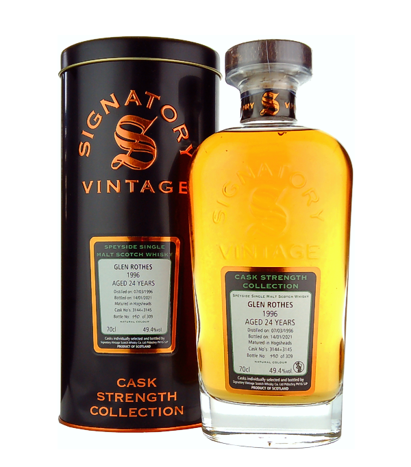 Signatory Vintage, GLEN ROTHES 24 Years Old 'Cask Strength Collection' 1996, 70 cl, 49.4 % Vol. (Whisky), Schottland, Speyside,  This whiskey belongs to Signatory Vintage`s Cask Strength Collection and is aged for 24 years in the Refill Hogshead. Distilled: 07 March 1996 Bottled: 14 January 2021 Cask number: 3144 +3145 Limited to 309 bottles worldwide.    Color: Light gold. Nose: Fresh fruit, nuts, mocha, coffee. Flavour: Fresh and fruity notes, chocolate, coffee, biscuit. Finish : Long lasting.