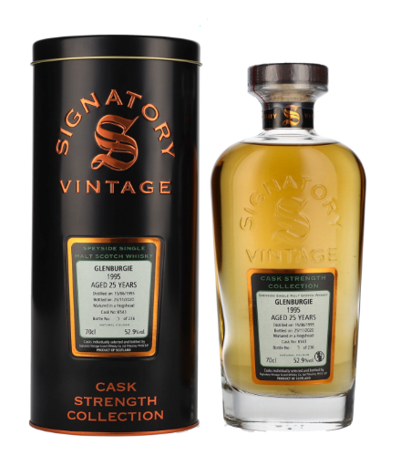 Signatory Vintage, GLENBURGIE 25 Years Old 'Cask Strength Collection' 1995, 70 cl, 52.9 % Vol. (Whisky), Schottland, Speyside,  Signatory Vintage specializes in purchasing whiskeys from various distilleries. This whiskey is part of Signatory Vintage`s Cask Strength Collection and has been aged for 25 years in ex-bourbon hogsheads. Distilled: June 15, 1995 Bottled: November 25, 2020 Cask number: 6543 Limited to 236 bottles.    Color: straw gold. Nose: Sugared almonds, crme brle, delicate vanilla, notes of yellow apples, exotic fruits. Flavour: Sweet, young apricots, walnuts, notes of Chamomile, freshly sawn wood. Fini