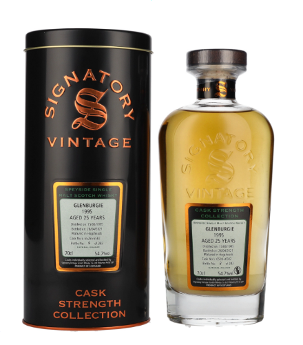 Signatory Vintage, GLENBURGIE 25 Years Old 'Cask Strength Collection' 1995, 70 cl, 54.7 % Vol. (Whisky), Schottland, Speyside,  Signatory Vintage specializes in purchasing whiskeys from various distilleries. This whiskey is part of Signatory Vintage`s Cask Strength Collection and has been aged for 25 years in ex-bourbon hogsheads. Distilled: June 15, 1995 Bottled: April 26, 2021 Cask number: 6528+6582 Limited to 383 bottles.    Color: straw gold. Nose: Sugared almonds, crme brle, delicate vanilla, notes of yellow apples, exotic fruits. Flavour: Sweet, young apricots, walnuts, notes of Chamomile, freshly sawn wood. Fi