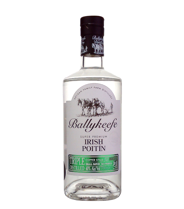 Ballykeefe Triple Distilled Super Premium Irish Poitín, 70 cl, 40 % Vol. (Poitin), , Poitín (oder Potcheen), der blanke Schnaps aus der Destille, der sich noch nicht Whisky nennen darf, weil er nicht im Fass mindestens 3 Jahre reifen konnte. Die Spirituose wurde vor mehreren Jahrhunderten zum ersten Mal von den Iren hergestellt und war ein Vorläufer vom 