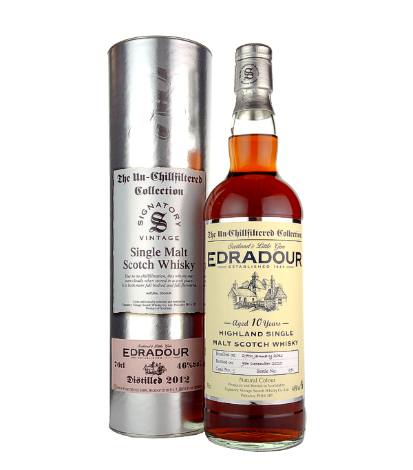Signatory Vintage, Edradour 10 Years Old 2012 The Un-Chillfiltered Collection #253, 70 cl, 46 % Vol. (Whisky), Schottland, Highlands, Der Signatory Vintage Edradour 10 Years Old The Un-Chillfiltered Collection reift 10 Jahre lang, wird nicht kltefiltriert und ist in seiner natrlichen Farbgebung abgefllt.  Der 10-jhrige Highland Single Malt Scotch Whisky von Edradour ist ein delikater Whisky, der dank seiner Reifung im Sherryfass mit herrlich fruchtigen Noten aufwartet. Er zeigt bereits in der Nase intensive Noten von Sherry gepaart mit Aromen von dunklen Frchten wie saftigen Kirschen sowie Trockenfrchten wie Datteln und 