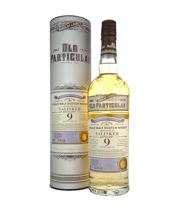 Douglas Laing & Co., Talisker Old Particular 9 Years Old 2010 Single Cask Malt, 70 cl, 48.4 % Vol. (Whisky), Schottland, Isle of Skye, Dieser Talisker wurde 2010 destilliert und lagerte anschliessend in Re-Fill Hogshead Fssern. Nach nur 9 Jahren Lagerung wurde der Whisky im Jahr 2019, fr Douglas Laings Old Particular, mit einer Strke 48.4% Vol. abgefllt.  Old Particular steht fr individuell ausgewhlten Malts aus ganz Schottland, die nach hchster Qualittsstufe hergestellt werden und weder kltefiltriert noch mit Farbzusatzstoffen versehen sind.  Destilliert: November 2010 Abgefllt: November 2019 Farbstoff: ohne Farbsto