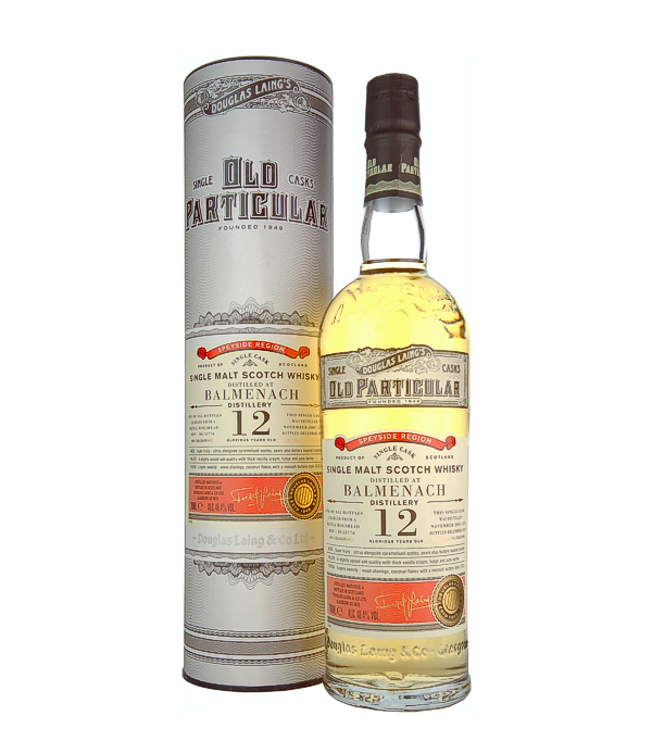 Douglas Laing & Co., Balmenach Old Particular 12 Years Old Single Cask Malt 2007, 70 cl, 48.4 % Vol. (Whisky), Schottland, Speyside, The Douglas Laing Balmenach Old Particular Single Cask 12 Years Old is bottled at cask strength - in addition, this whiskey was neither colored nor chill-filtered.  Distilled: November 2007 Bottled: December 2019 Limited to 345 bottles!   Colour: Light gold. Nose: Very fruity, citrus fruits, apples, pears, brioche, caramel. Flavour: Slightly spicy, oak, vanilla, barley.Finish: Long-lasting, wood, coconut flakes.