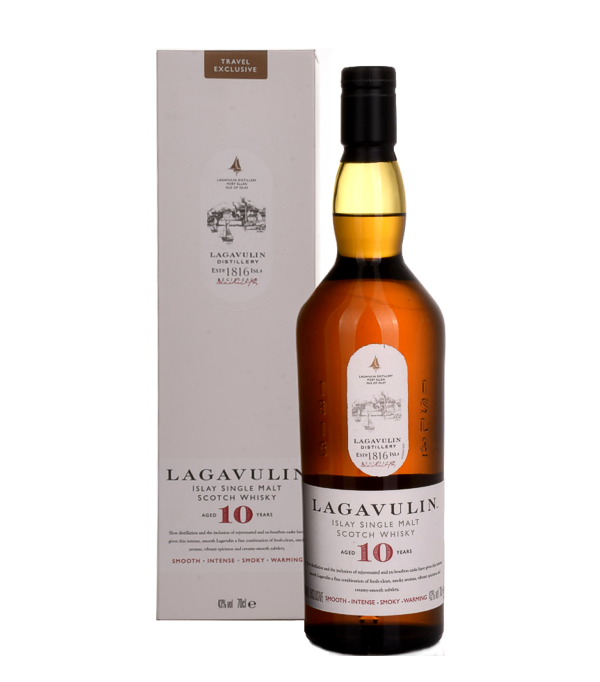 Lagavulin 10 Year Old Single Malt Whisky, 70 cl, 43 % Vol., Schottland, Isle of Islay, The name `Lagavulin` is Gaelic and means `the hollow in which the mill sits`.  Nestled in a small bay on the south east coast of Islay, Lagavulin Distillery produces complex whiskeys in pear-shaped `stills` `, the copper stills.  This Lagavulin whiskey matures for 10 years in American oak barrels.    Nose: Mild aromas, fruity, fresh, clear, some smoke, Mediterranean aromas. Flavour: Creamy, sweet, salty, smoky notes. Finish: Long persistent, smoky.