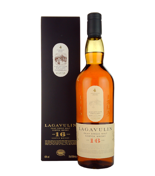 Lagavulin 16 Years Old Single Malt Whisky 2022, 70 cl, 43 % Vol., Schottland, Isle of Islay, Die Bezeichnung ‚Lagavulin‘ ist gälisch und bedeutet „die Mulde, in der die Mühle steht“. Lagavulin schmiegt sich in eine kleine Bucht an der Südostküste von Islay und stellt seine komplexen Whiskys in birnenförmigen 'Stills', den kupfernen Brennblasen, her. Der intensive Geschmack des Torfes ist bei diesen Whiskys von Lagavulin deutlich zu spüren. Die Reifung erfolgt für 16 Jahre in amerikanischen Eichenholzfässern.      Nase: Rauch, Salz, Malz, Sherry. Geschmack: Ölig, Torfrauch, Salz, Sherry,