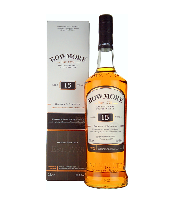 Bowmore 15 Years Old GOLDEN & ELEGANT Travel Exclusive 1L in, 1 Liter, 43 % Vol. (Whisky), Schottland, Isle of Islay, Set amid the rugged beauty of Islay, the rough seas and winds of the Hebrides, Bowmore has been handcrafted since 1779.  In the legendary `No. 1 Vault`, the old stone vault on the edge of Loch Indaal, the magical character of Islay and centuries-old traditions combine to create a single malt whiskey with a complex balance, mild Islay smokiness, maritime minerality and an abundance of fresh stone fruit aromas.The 15-year-old Bowmore Golden & Elegant was launched specifically for travel retail. Ma