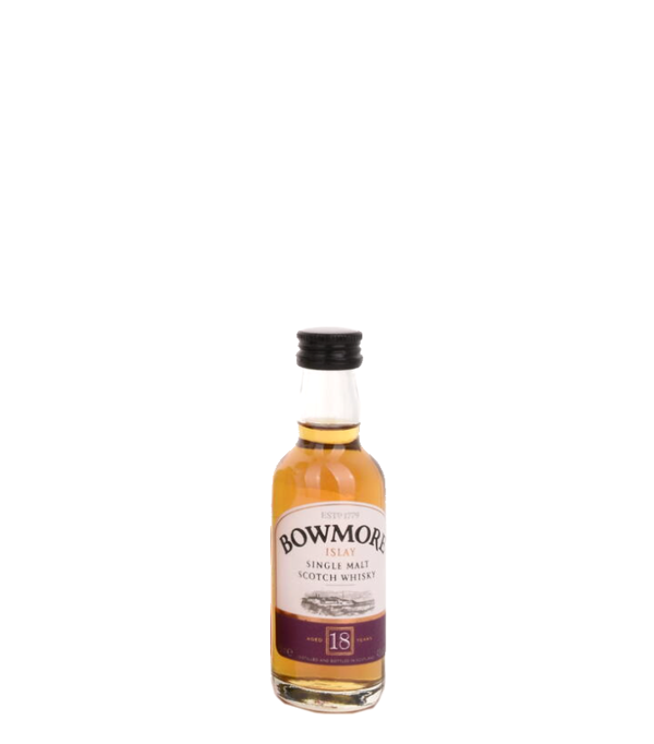 Bowmore 18 Years Old Islay Single Malt  Sampler, 5 cl, 43 % Vol. (Whisky), Schottland, Isle of Islay, Inmitten der wilden Schönheit Islays, der rauen See und den Winden der Hebriden wird Bowmore seit 1779 in Handarbeit hergestellt.  Im legendären 'No. 1 Vault', dem alten Stein-Gewölbe am Rande von Loch Indaal, vereinen sich der magische Charakter von Islay und jahrhunderte alte Traditionen zu einem Single Malt Whisky mit komplexer Balance, milder Islay-Rauchigkeit, maritimer Mineralität und einer Fülle von frischen Steinobstaromen. Der Bowmore Deep & Complex wurde mit seinen 18 Jahren speziell f