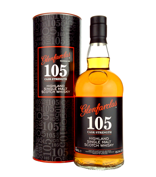 Glenfarclas 105 Cask Strength Highland Single Malt, 70 cl, 60 % Vol. (Whisky), Schottland, Speyside, The Glenfarclas 105 Cask Strength is a cask strength bottling from the Glenfarclas whiskey distillery. The Glenfarclas distillery only needs 3 ingredients for the production of their whiskeys: fresh spring water, malted barley and yeast.  Glenfarclas was one of the first distilleries to also market their single malts in cask strength have brought. The Glenfarclas 105 Cask Strength has an original cask strength of 63.5% by volume, the alcohol content is reduced to 60% by volume after 8 to 10 year