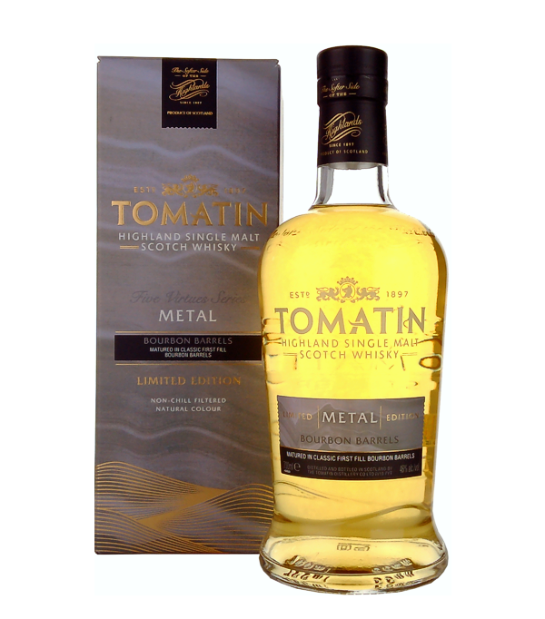 Tomatin Five Virtues Series METAL Limited Edition, 70 cl, 46 % Vol. (Whisky), Schottland, Highlands, Tomatin gehört heute zu den grössten Destillerien Schottlands und wurde im Jahr 1897 am Oberlauf des Flusses Findhorn erbaut.  Der Malt, welchen Tomatin produziert, ist sicher nicht der komplexeste oder kräftigste, doch ausgesprochen wohlschmeckend. Die Whiskys von Tomatin sind in der Regel ungetorft.  Der Tomatin METAL Five Virtues Series Limited Edition wird der chinesischen Philosophie der 5-Elementen-Lehre gewidmet. Die Philosophie beschreibt das natürliche Verhalten zwischen Erde, Mensch un