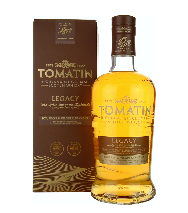 Tomatin Legacy Highland Single Malt Scotch Whisky, 70 cl, 43 % Vol., Schottland, Highlands, The Tomatin Legacy is matured in ex-bourbon casks as well as in virgin oak casks. (New oak barrels made from American white oak.) Here it develops an enchanting body with a subtle sweetness. Marshmallows, pineapple and lemon are combined with pinewood and vanilla. The aromatic notes gently fade away in a light and clean finish. The Tomatin Legacy is the third bottling from the new Tomatin manager Graham Eunosun, demonstrating his know-how. It was launched in Germany at the end of April 2013 and 