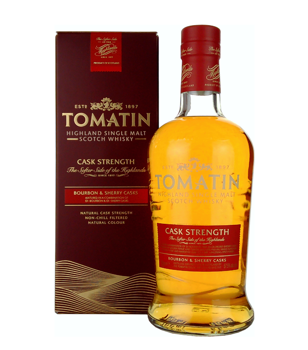 Tomato Cask Strength Edition, 70 cl, 57.5 % Vol. (Whisky), Schottland, Highlands, The Tomatin Cask Strength Edition is stored exclusively in a combination of Oloroso Sherry and Bourbon casks. Just 15,000 bottles of the first bottling (Batch 1) are available worldwide.  Colour: Shining gold. Nose: Citrus fruits, maple syrup, notes of pears, ginger and walnuts.  Flavour: Full-bodied, notes of leather and vanilla tobacco, hints of marzipan, caramel and chestnuts. Finish: Long-lasting, sweet, dry, spicy.