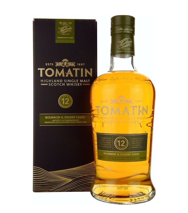 Tomato 12 Year Old Bourbon & Sherry Casks, 70 cl, 43 % Vol. (Whisky), Schottland, Highlands, The Tomatin 12 Years Old is aged in a combination of traditional oak: first in ex-bourbon casks and then in ex-sherry casks. The total aging period of this single malt Scotch is 12 years.   Colour: Gold. Nose: Elegant, light, gentle, fruity. Flavour: Soft, well balanced, complex, ripe apples, pears, hint of nuts. Finish: Long lasting, oily .
