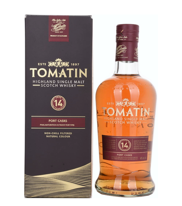 Tomatin 14 Years Old Port Casks Single Malt, 70 cl, 46 % Vol. (Whisky), Schottland, Highlands, Tomatin gehrt heute zu den grssten Destillerien Schottlands und wurde im Jahr 1897 am Oberlauf des Flusses Findhorn erbaut. Der Malt, welchen Tomatin produziert, ist sicher nicht der komplexeste oder krftigste, doch ausgesprochen wohlschmeckend. Die Whiskys von Tomatin sind in der Regel ungetorft. Dieser 14-jhrige Malt erhielt sein Finish in ausgewhlten Portweinfssern und ist weder kltefiltriert noch mit Farbzusatzstoffen versehen.  Nase: Ssse pfel, Karamell, Honig, reife Beeren und ein