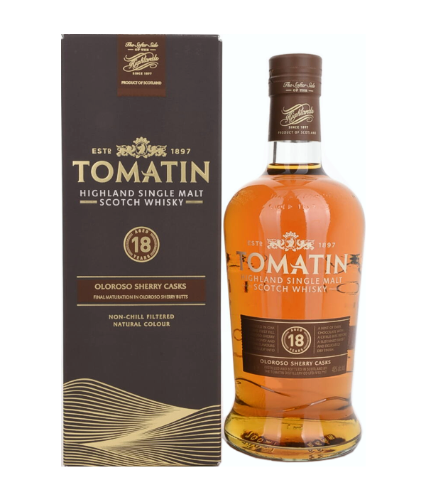 Tomatin 18 Years Old Oloroso Sherry Casks, 70 cl, 46 % Vol. (Whisky), Schottland, Highlands, This Tomatin is aged in Spanish Oloroso sherry casks for 18 years.   Colour: amber. Nose: Sweet, sherry, notes of apples, cinnamon, vanilla and smoke. Flavour: Sweet, honey, oak, citrus, hints of dark chocolate . Finish: Long-lasting, sweet, dry.