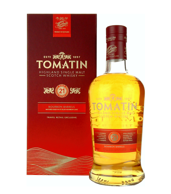 Tomato 21 Year Old Bourbon Casks Travel Retail Exclusive, 70 cl, 46 % Vol. (Whisky), Schottland, Highlands, The Tomatin 21 Years Old matures in former bourbon casks.  This Tomatin Whiskey is neither colored nor chill filtered.   Color: Gold. Nose: Soft and light.  Flavour: Soft, like tropical fruits, croissants, apples, honey. Finish: Long-lasting, buttery.