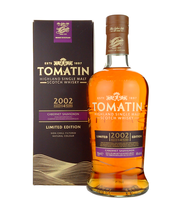 Tomatin 14 Years Old 2002 Cabernet Sauvignon & Bourbon Cask Finish, 70 cl, 46 % Vol. (Whisky), Schottland, Highlands, A limited edition bottling by Tomatin, distilled on 25th January 2002. This whiskey spent the first 9 years of its life in traditional Scotch whiskey oak casks. On March 1st, 2011 it was transferred to Cabernet Sauvignon barriques.