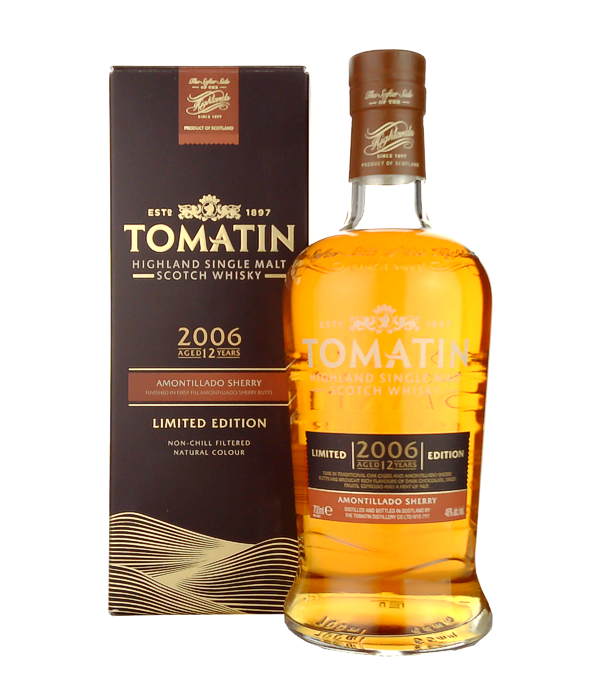 Tomatin 12 Years Old 2006 Amontillado Sherry Cask Finish, 70 cl, 46 % Vol. (Whisky), Schottland, Highlands, Time in traditional oak casks and amontillado sherry butts have shaped this tomatin with robust aromas of dark chocolate, dried fruit, espresso and hints of nut.  Distilled in 2006 and aged in oak casks for 11 years.2015 decanted into Amontillado Sherry Butts for 3 years.  Not chill filtered and natural color  Limited edition of only 5`400 bottles