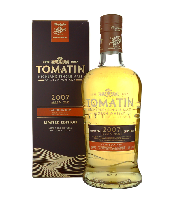Tomatin 9 Years Old 2007 Caribbean Rum Cask, 70 cl, 46 % Vol. (Whisky), Schottland, Highlands, Dieser Tomatin Single Malt in limitierter Auflage ist der erste Whisky, der ausschliesslich in Fssern gelagert wurde, die zuvor zur Reifung von karibischem Rum verwendet wurden. Ursprnglich im Jahr 2007 destilliert, schlummerte der Whisky 9 Jahre, bevor er 2016 in Flaschen abgefllt und auf den Markt gebracht wurde.   Nur 6'600 Exemplare dieser Sorte wurden jemals produziert.  