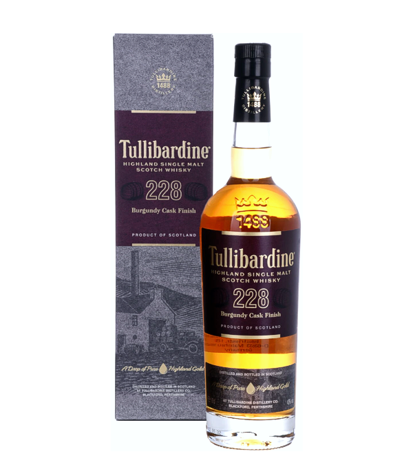 Tullibardine 228 Burgundy Finish Highland Single Malt Scotch Whisky, 70 cl, 43 % Vol., Schottland, Highlands, The Tullibardine 228 Burgundy Finish was first released in 2013. It matures for 12 months in 228 liter Burgundy barrels, hence the name.   Nose: Spicy, notes of red berries, vanilla and toasted oak. Flavour: Creamy, nutty, notes of custard, apple peel, berries, honey. Finish: Country lingering .