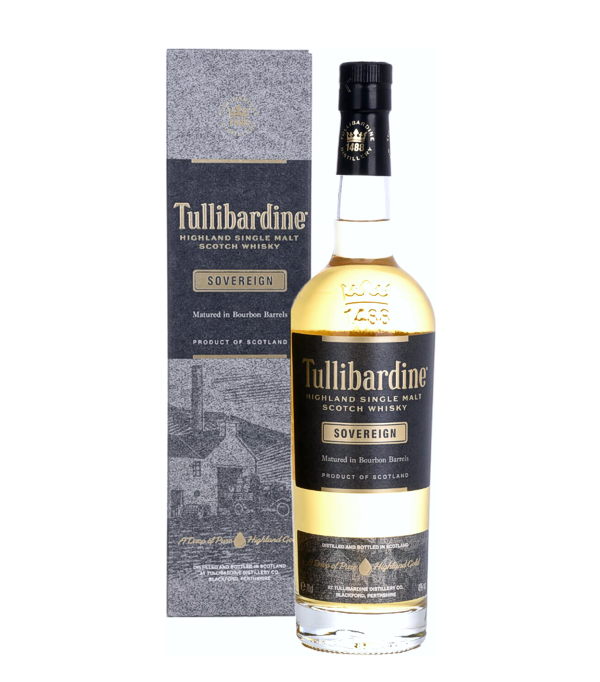 Tullibardine SOVEREIGN Highland Single Malt Scotch Whisky, 70 cl, 43 % Vol., Schottland, Highlands, The Tullibardine Souvereign matured in first-fill bourbon casks.   Nose: Malty, soft, pears, barley, chocolate, custard. Flavour: Spicy, apples, pears, cinnamon, pepper, mint, ginger. Finish: Long lasting , notes of nut.